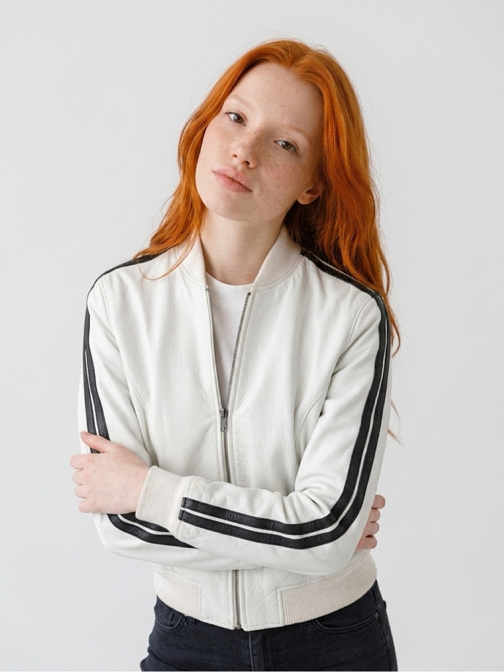 Roots Vintage 100% Leather Bomber Jacket | Cream & Black | Size 8
